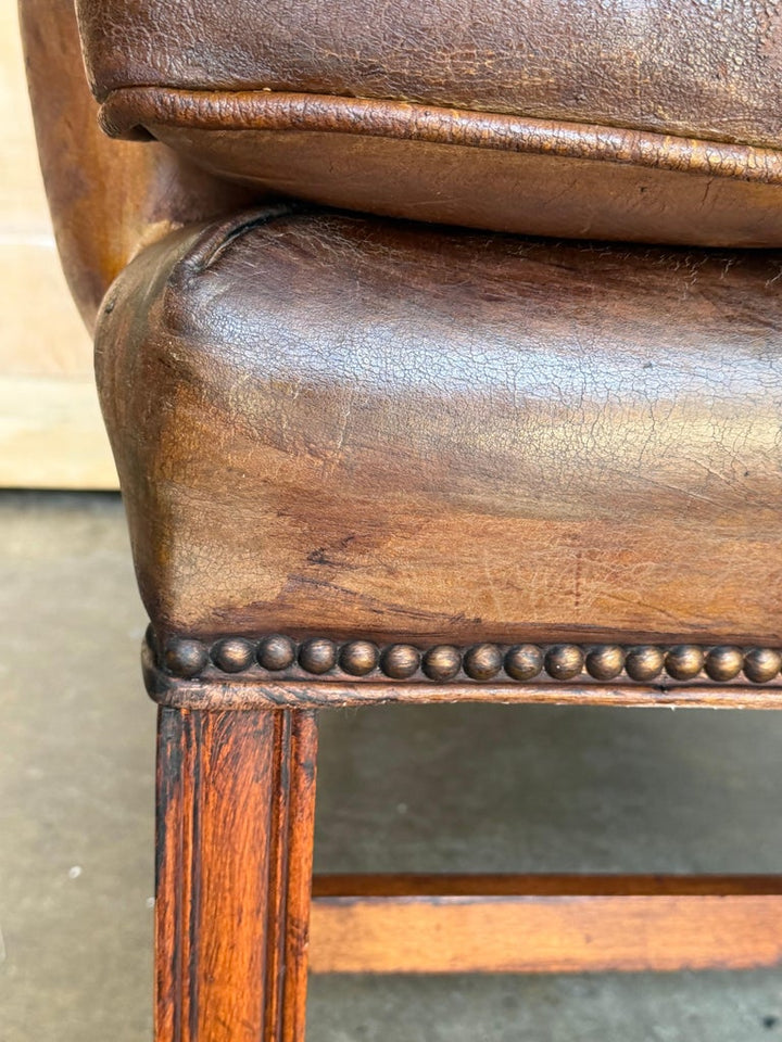 Pair of English Georgian Style Wingback Armchairs - Distressed Brown leather