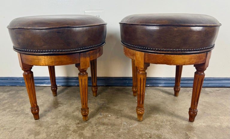 Pair of Louis XVI–Style Swivel Stools in Patinated Leather, Mid-20th Century