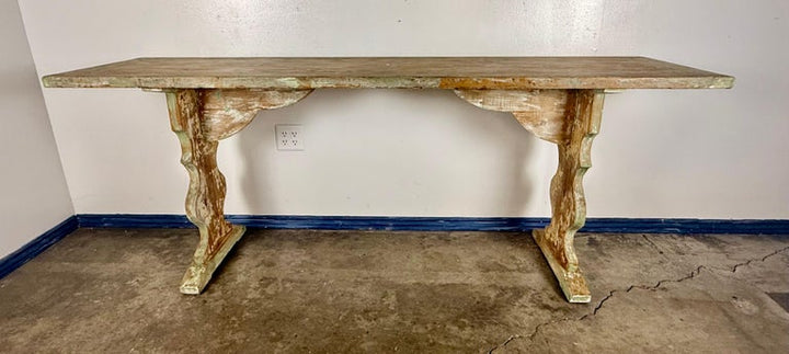Weathered Swedish-Style Pine Console Table with Lyre-Shaped Supports