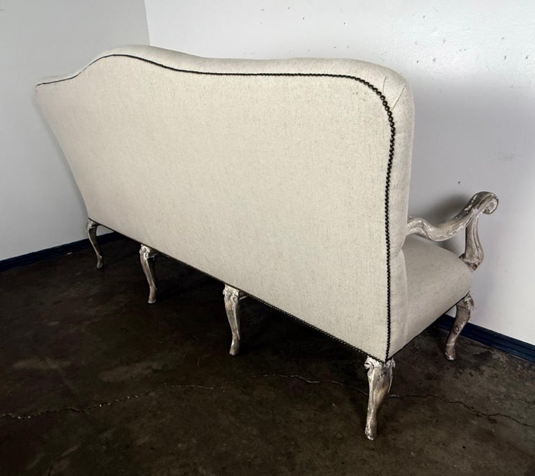 French Louis XV Style Painted Settee with New Linen Upholstery
