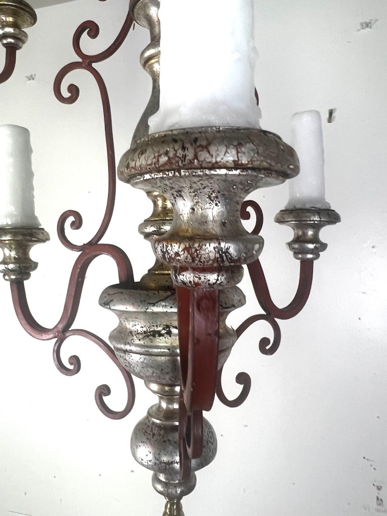 Pair of Italian Silvered Wood & Iron Chandeliers