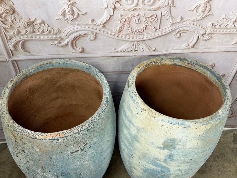 Pair of Large Atelier Vierkant Style Planters - Ocean Blue Patina Barrel Pots