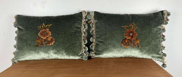 Pair of Custom Velvet Pillows with 19th-Century French Gold-Thread Appliqués