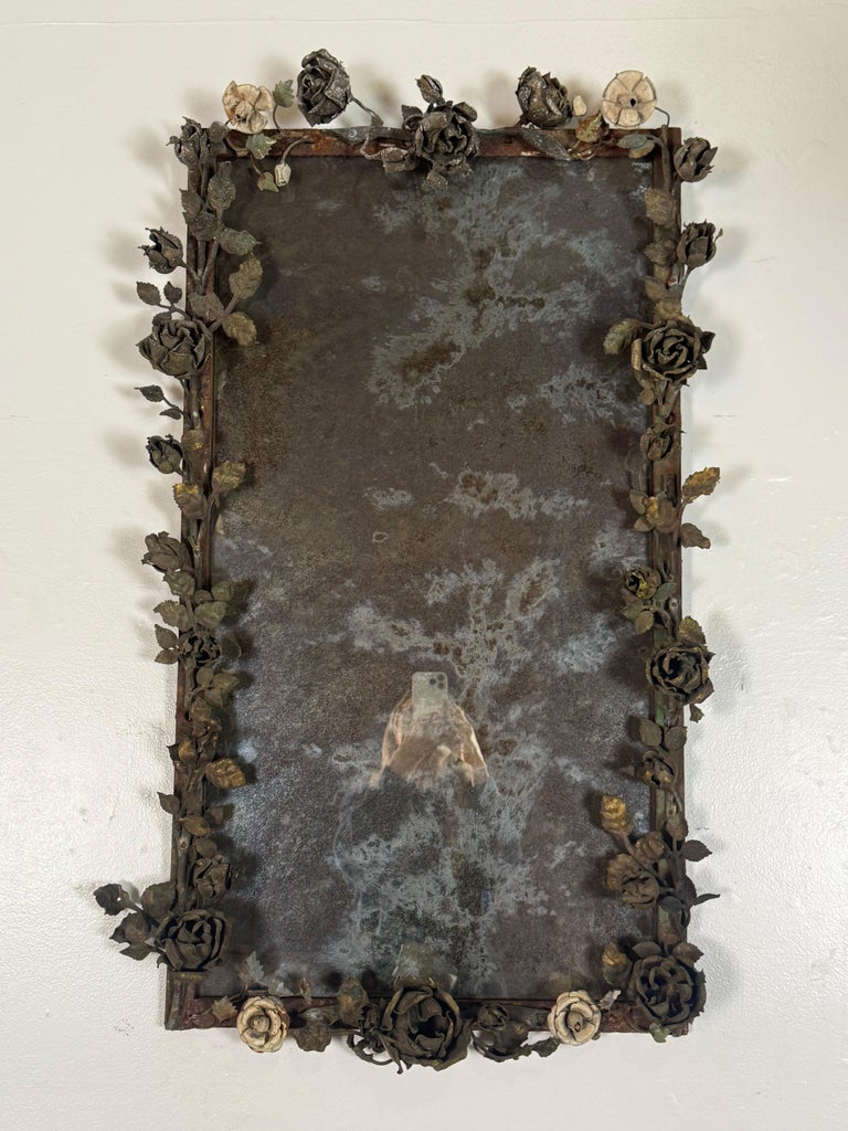 Antique Mid-Century Wrought Iron Mirror with Floral Motif