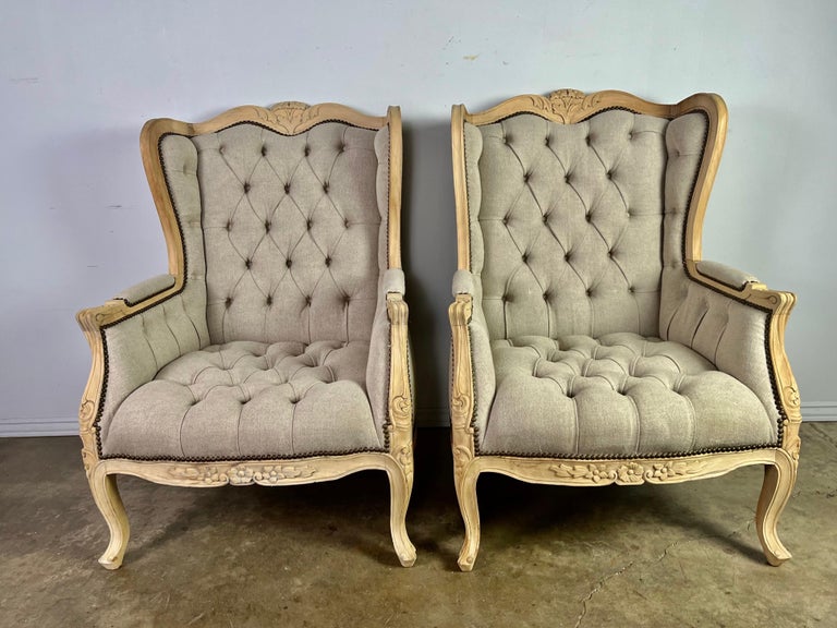 Pair of French Wingback Louis XV Style Armchairs w/ Matching Ottomans