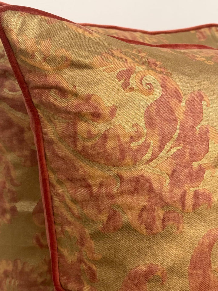 Custom Mariano Fortuny Pillows in Antique Gold &amp; Coral Damask