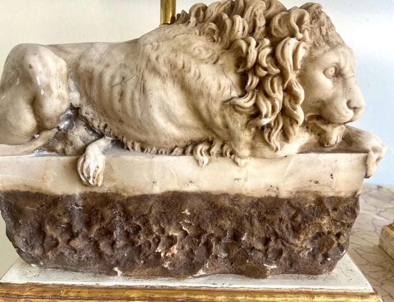 Pair of Italian Carved Stone Lion Lamps with Parchment Shades