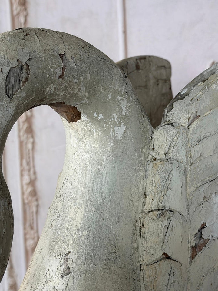Large Antique Folk Art Carved Wood Swan - Original White Patina