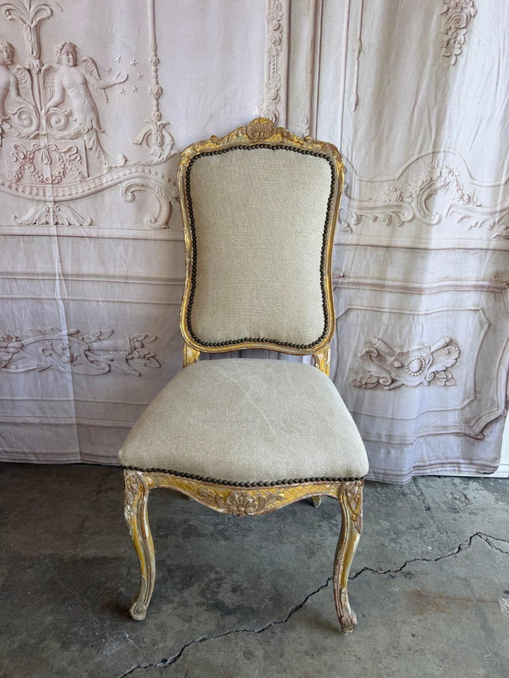 Set of 14 French Louis XV Style Distressed Dining Chairs with Linen Upholstery