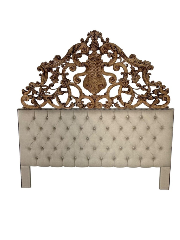 Ornate Carved Wood and Upholstered Headboard