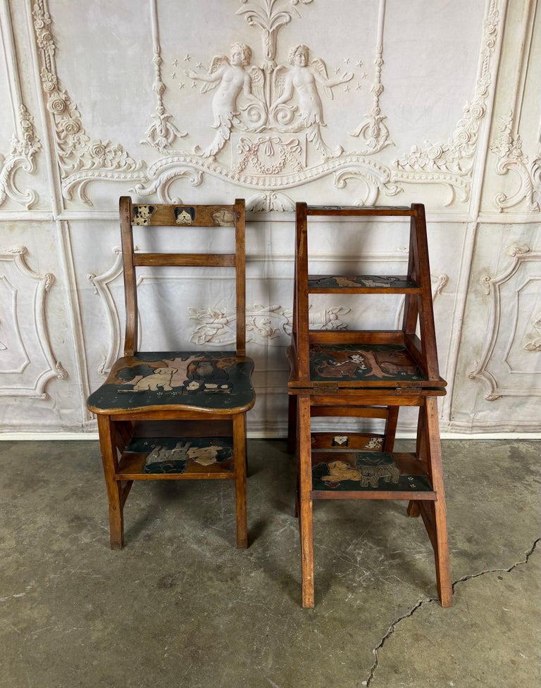 Pair of Hand-Painted Convertible Library Step Ladder Chairs with Dog Motif