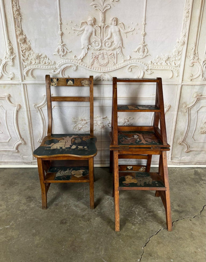 Pair of Hand-Painted Convertible Library Step Ladder Chairs with Dog Motif
