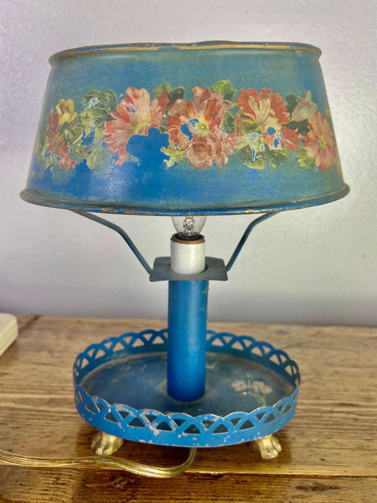 Hand Painted Italian Blue Tole Lamp w/ Shade