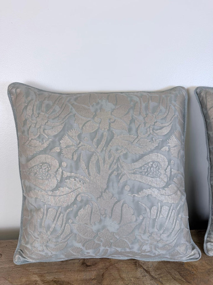 Fortuny Cotton Damask Throw Pillows, Venetian Floral Motif, Aqua & Silver Pair