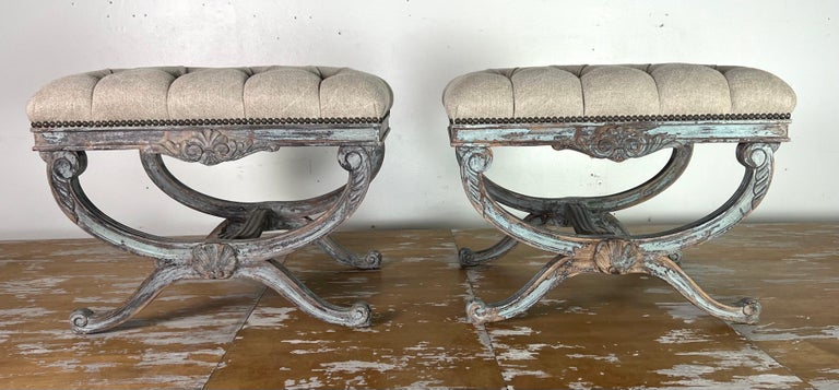 Pair of French Provincial Style Painted Benches C. 1930