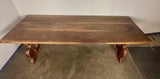 Handcrafted Solid Wood Trestle Dining Table with Wrought Iron Stretcher