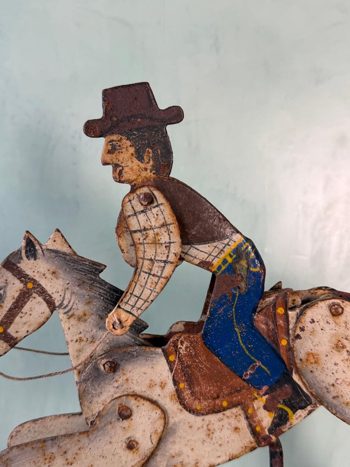 Vintage Folk Art Cowboy on Horse Balancing Sculpture