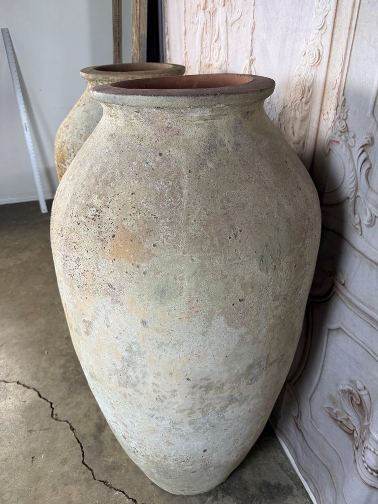 Pair of Monumental Terracotta Olive Jars with Weathered Patina