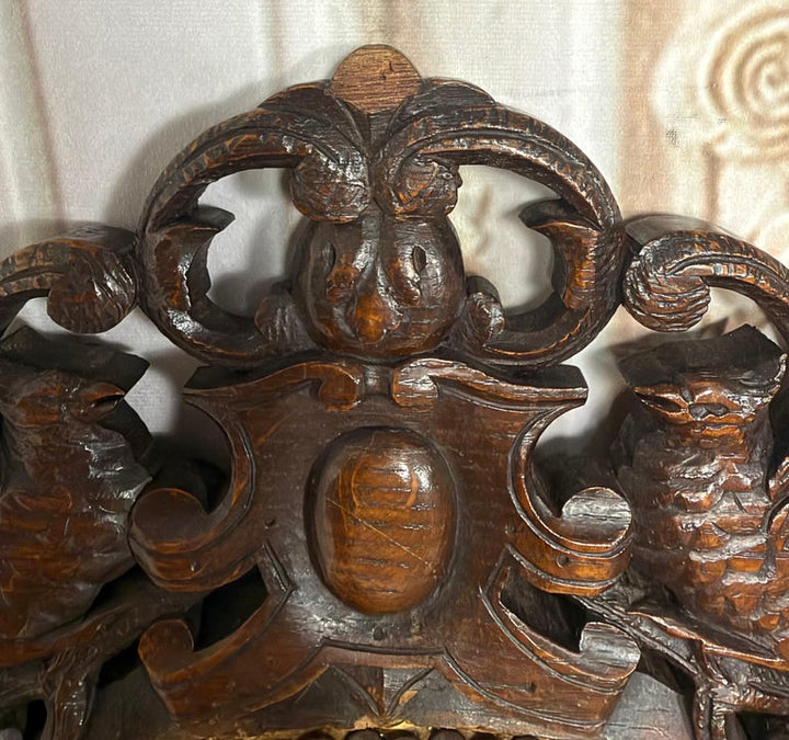 Set of 6 Antique Jacobean Hunt Chairs in Heavily Carved Oak with Cognac Leather