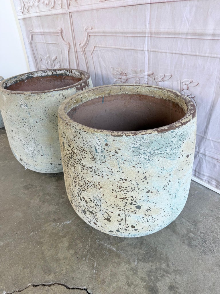 Pair of Large 20th Century Pitted Limestone-Finish Terra Cotta Planters