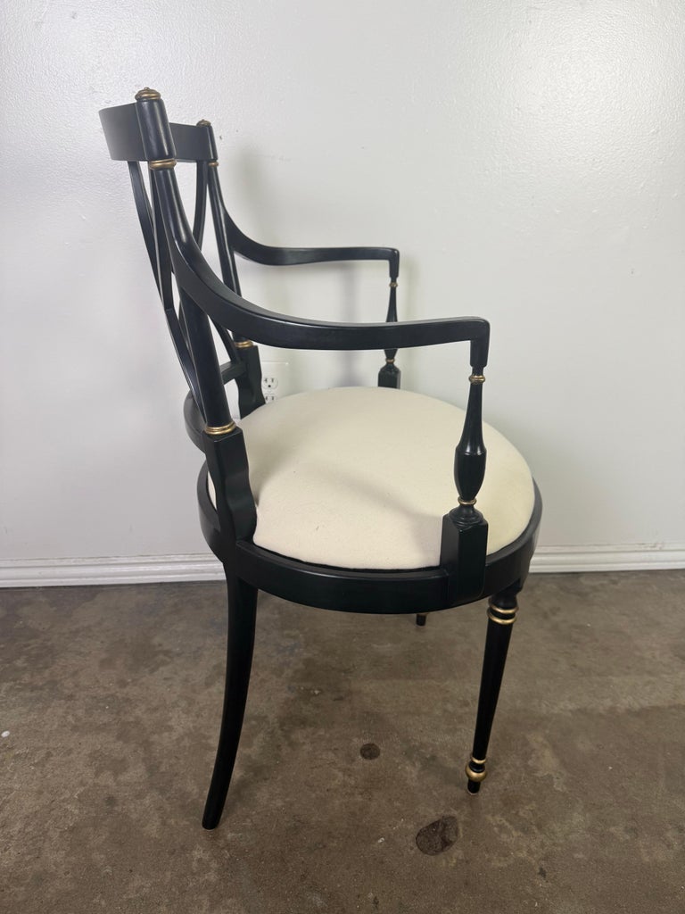 Set of Ten Regency-Style Ebonized Dining Chairs with Linen Seats