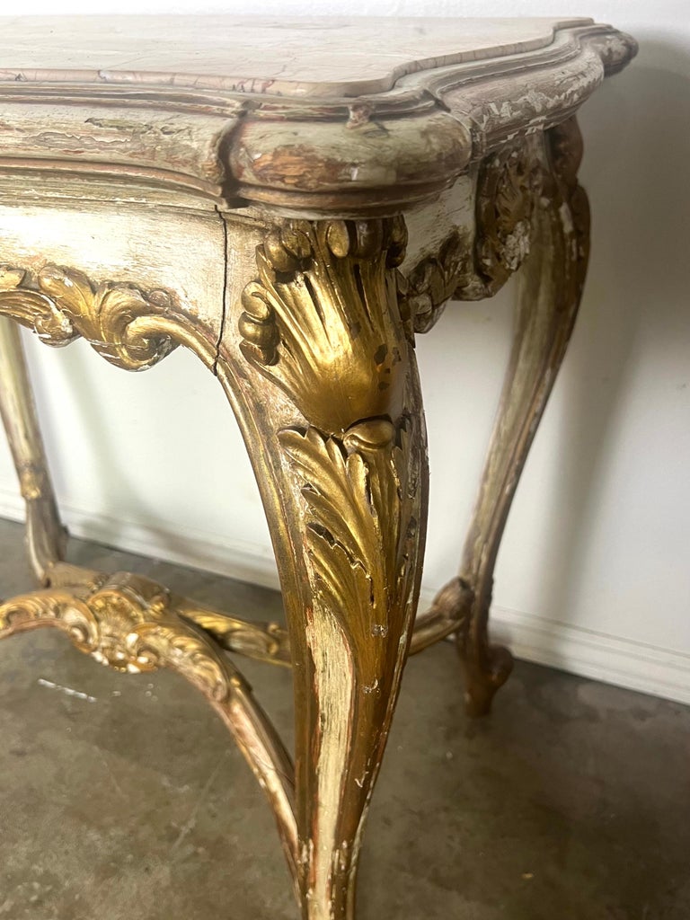 19th C. French Painted & Parcel Gilt Table w/ Marble Top