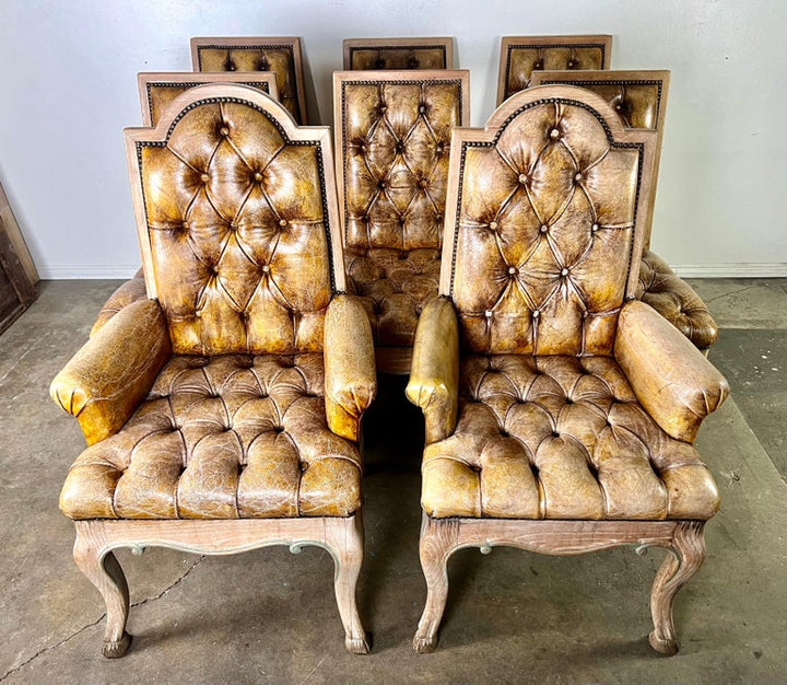 Set of Eight French Leather Tufted Dining Chairs C. 1940