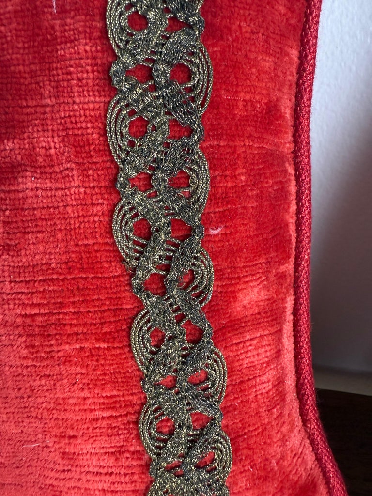 Pair of Petite Red Velvet Pillows with 19th-Century Metallic Appliqués