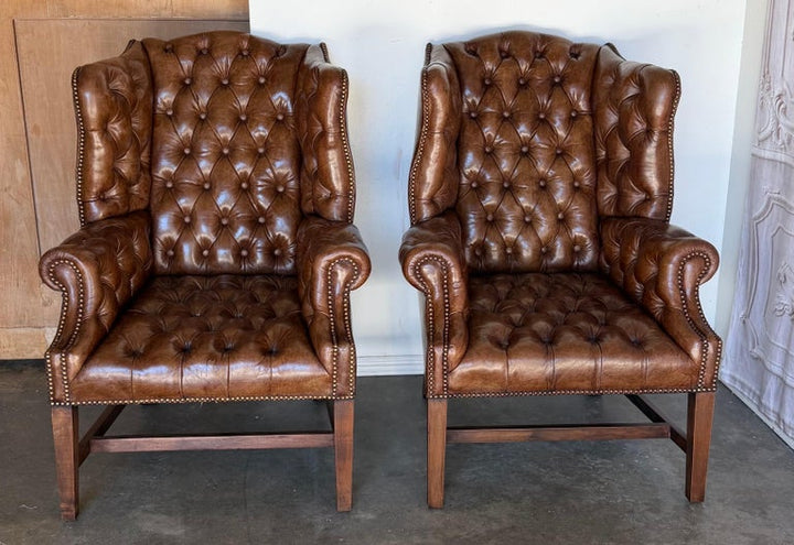Georgian Wingback Armchairs, Leather Upholstery, Circa 1940s