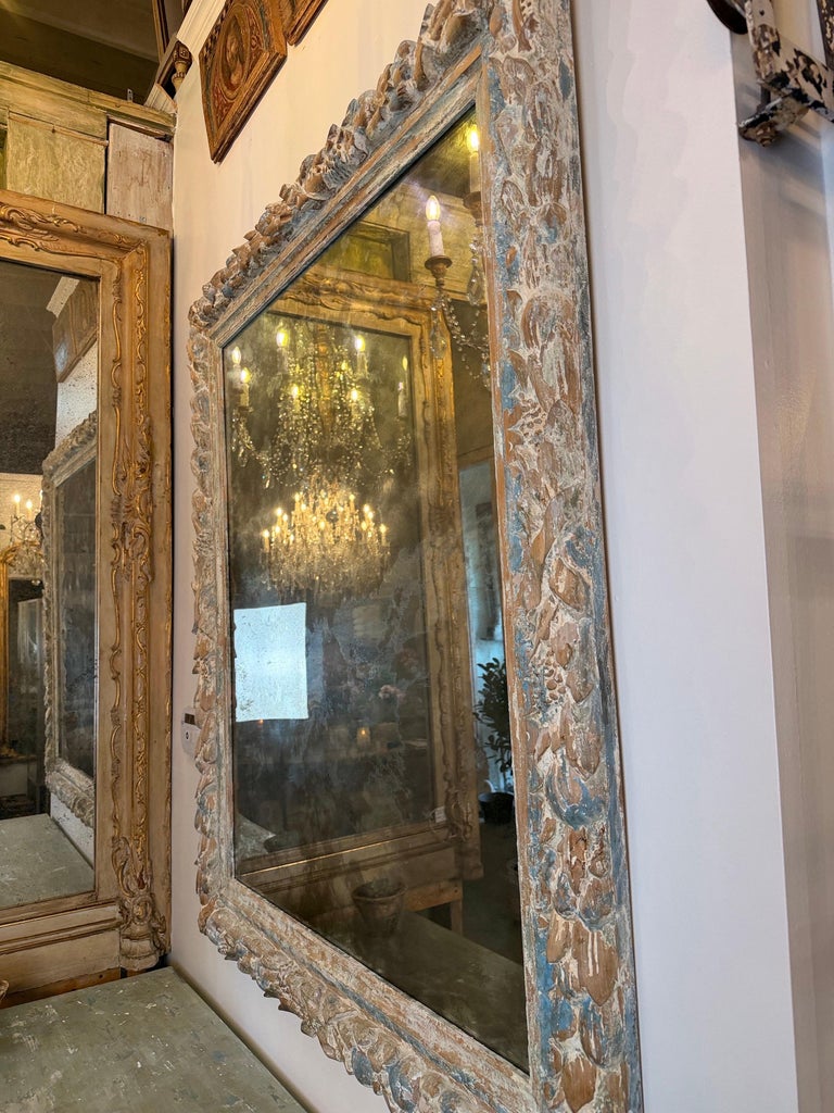 Antique French Carved Wood Mirror with Foliate Frame and Original Foxed Glass
