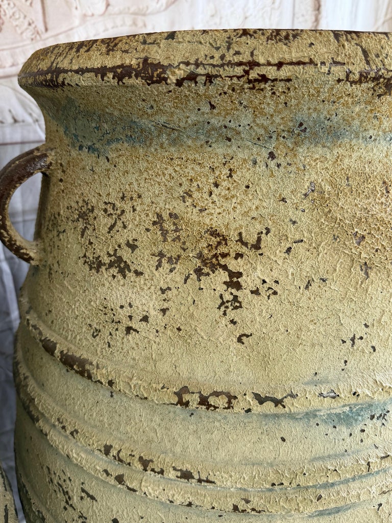 Pair of Large Distressed Mediterranean Style Terracotta Olive Jars with Handles
