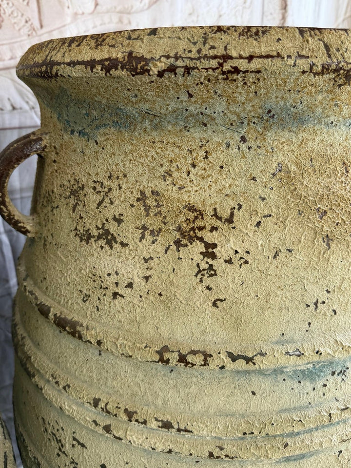 Pair of Large Distressed Mediterranean Style Terracotta Olive Jars with Handles