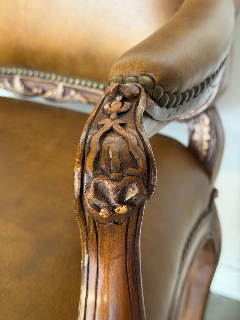 Pair of VIntage French Louis XV Cognac Leather Fauteuils