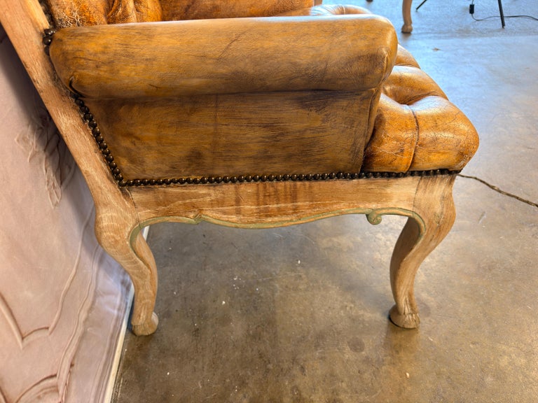 Set of 8 French Louis XV Dining Chairs, Leather Tufted, 1960s