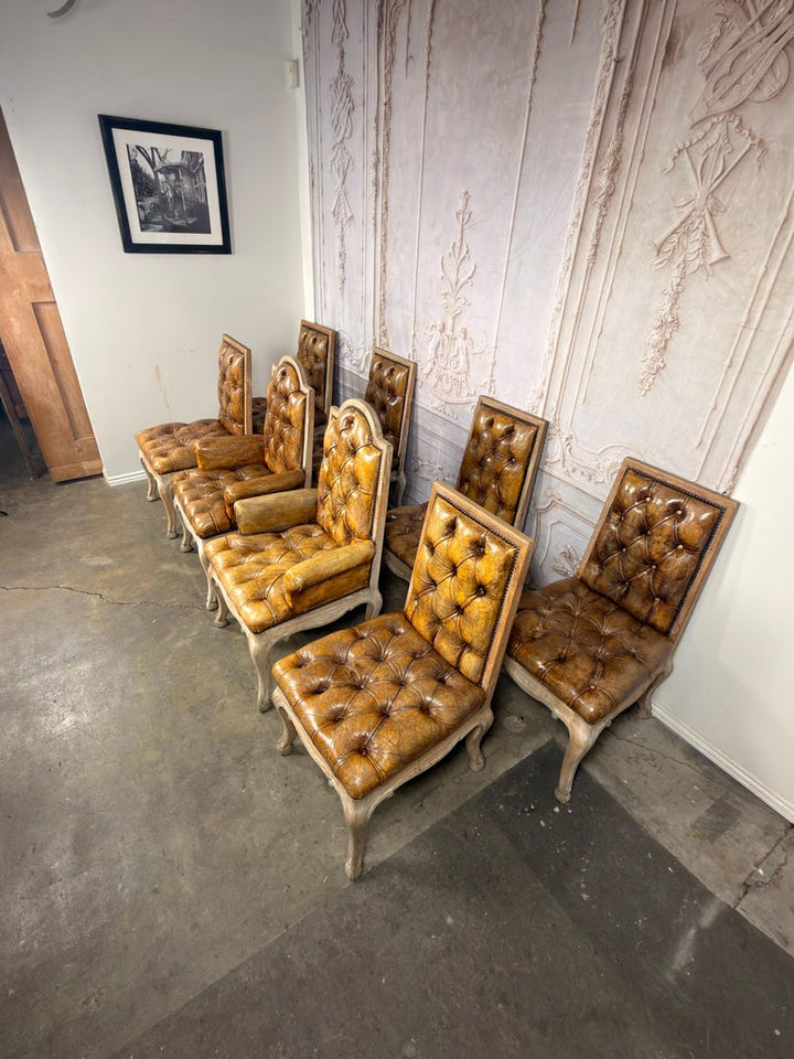 Set of 8 French Louis XV Dining Chairs, Leather Tufted, 1960s