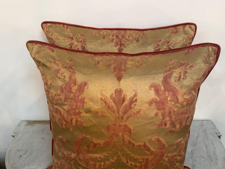 Custom Mariano Fortuny Pillows in Antique Gold &amp; Coral Damask