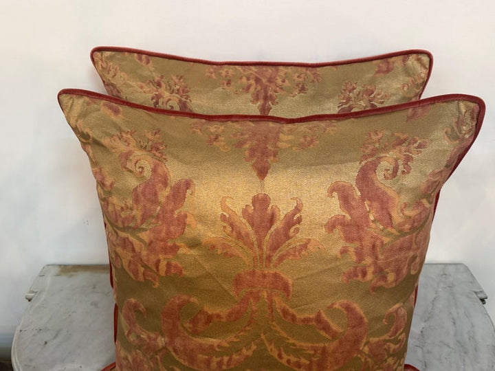 Custom Mariano Fortuny Pillows in Antique Gold &amp; Coral Damask