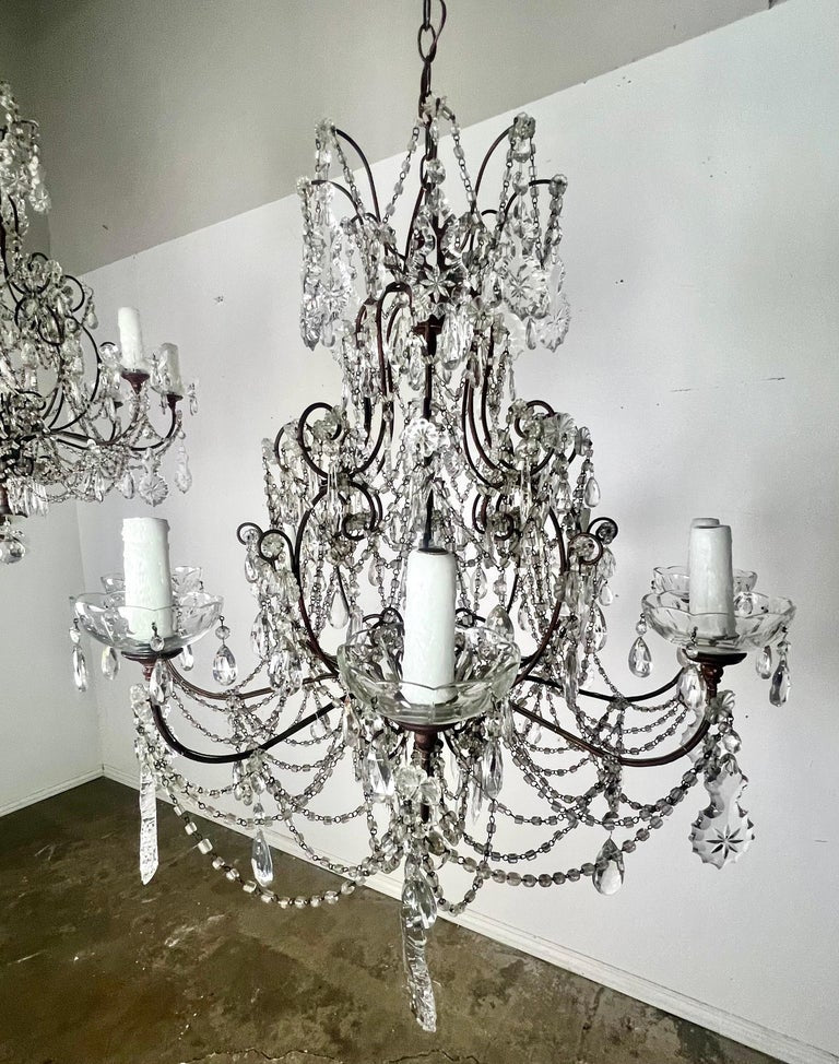 Pair of French Crystal & Beaded Chandeliers C. 1930's