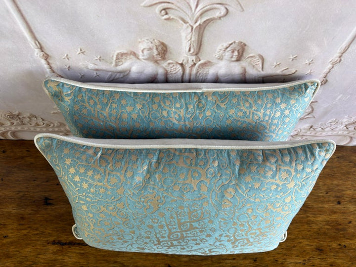 Pair of Venetian Aqua and Gold Fortuny Textile Lumbar Pillows