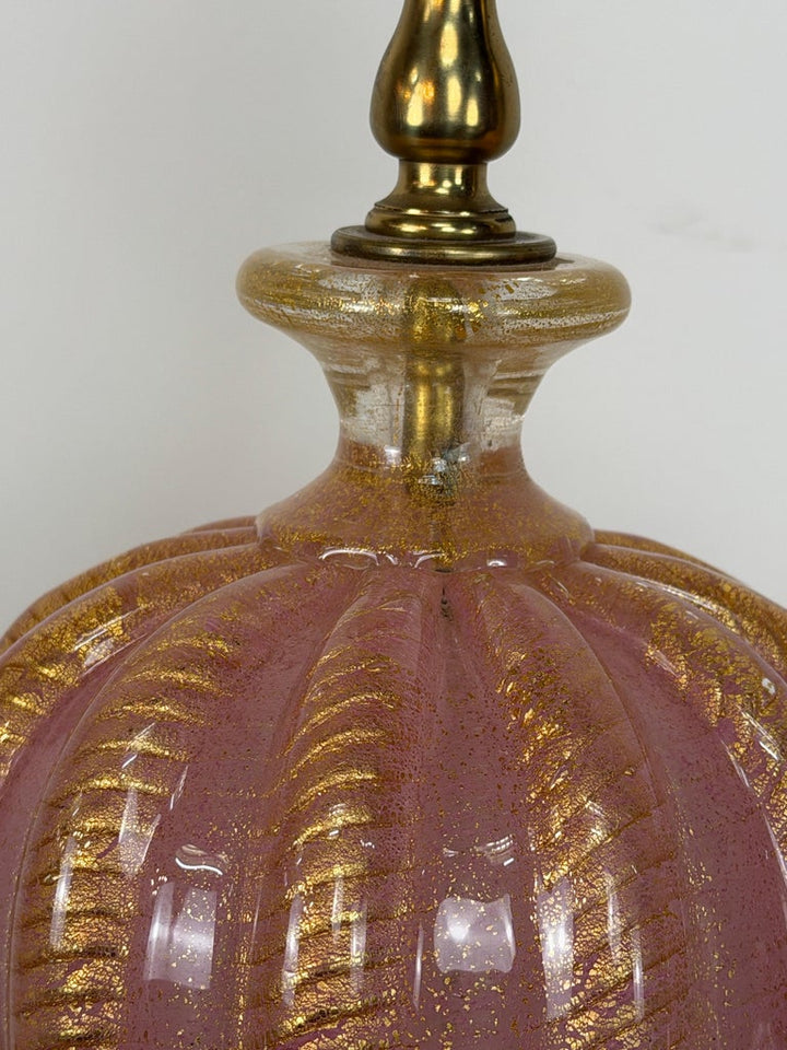 Pair of Murano Pink and Gold Glass Table Lamps w/ Coordinating Parchment Shades
