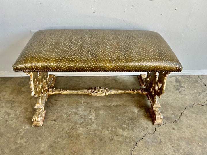 Italian Carved Giltwood Bench W/ Embossed Leather