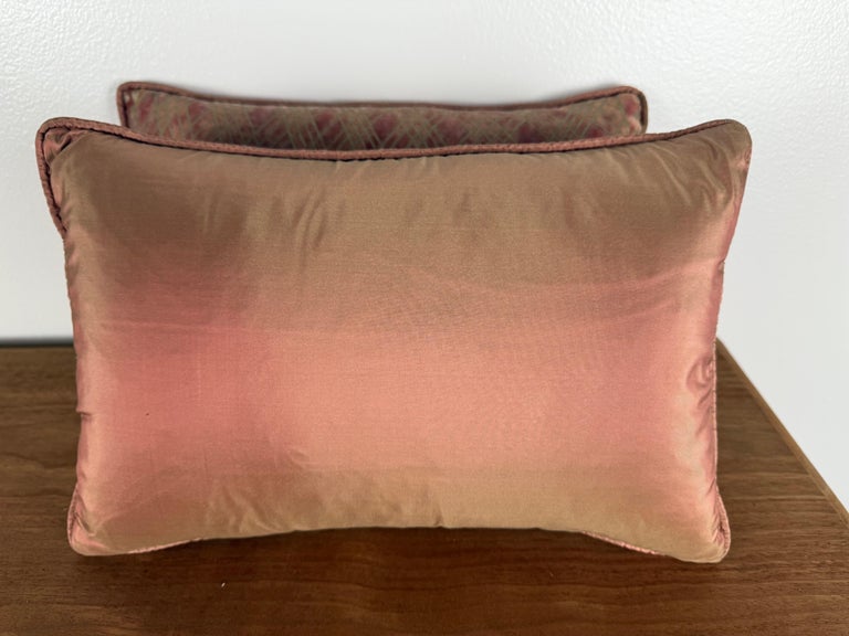 Pair of Authentic Fortuny Pillows in Coral and Gold Geometric Pattern