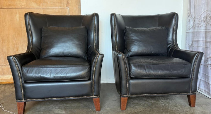Pair of Thomasville Black Leather Wingback Lounge Chairs