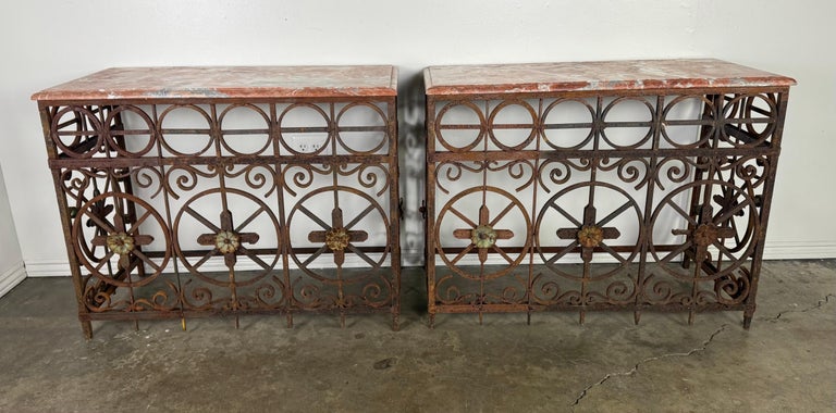 Pair of Italian Wrought Iron Consoles with Rosso Verona Marble Tops