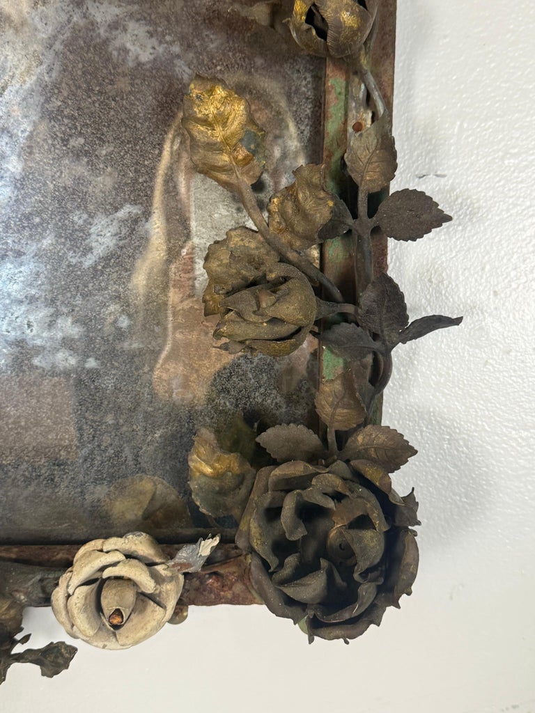 Antique Mid-Century Wrought Iron Mirror with Floral Motif