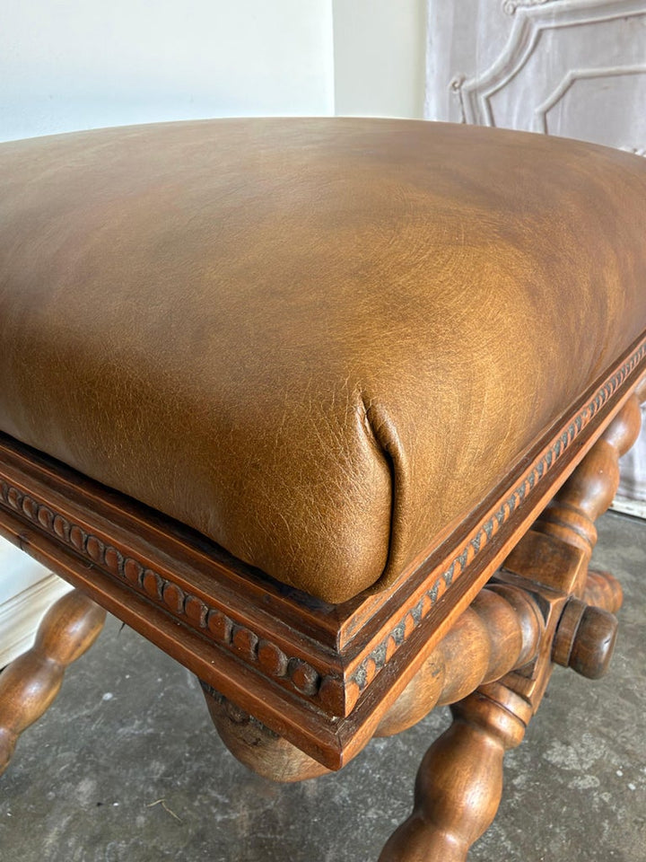 Pair of Spanish Colonial Baroque Bobbin - X-Base Stools with Distressed Leather