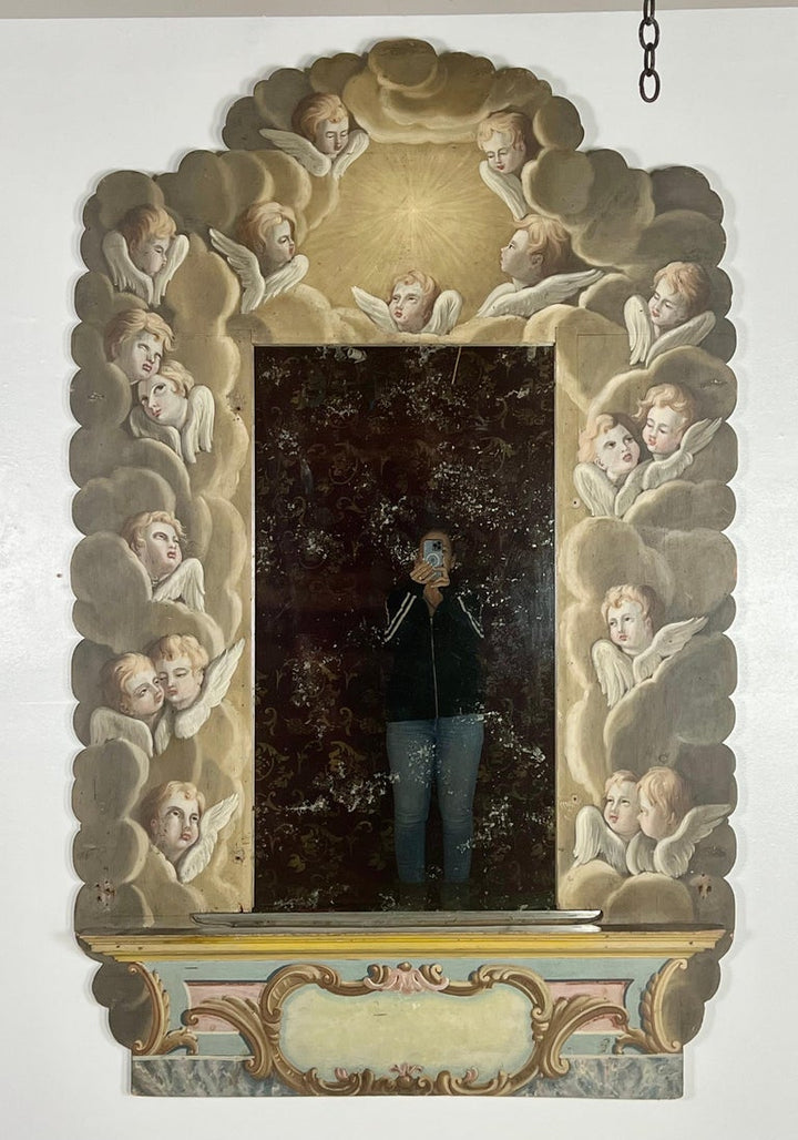 19th Century Italian Hand Painted Mirror with Winged Angels