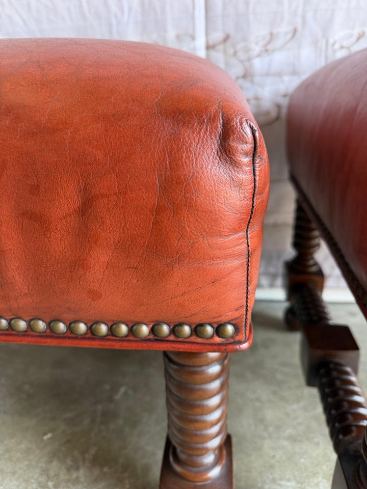 Spanish Colonial Revival Leather Benches with Antique Brass Trim, 1960