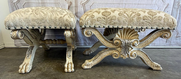 Pair of Italian Venetian Baroque Curule Stools - Hand - Carved Silvered Gilt