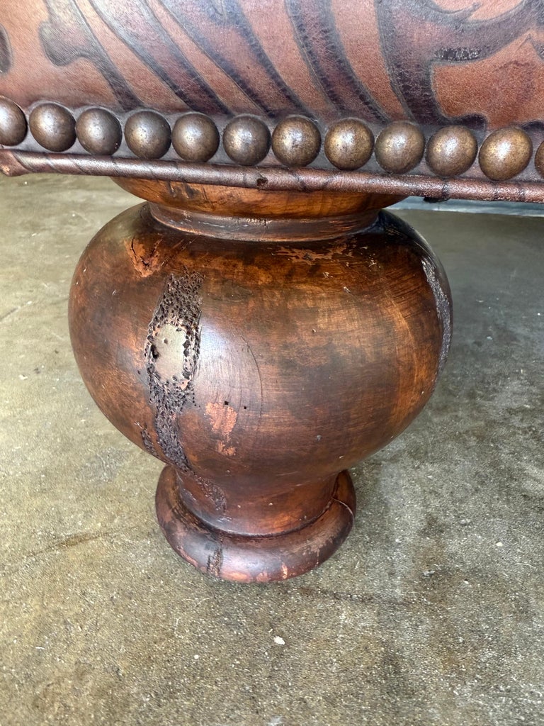 Large Embossed Leather Ottoman with Bun Feet